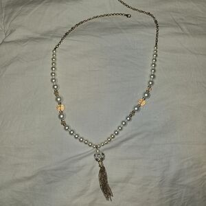 Vintage Gold and Crystal Bead Faux Pearl Necklace